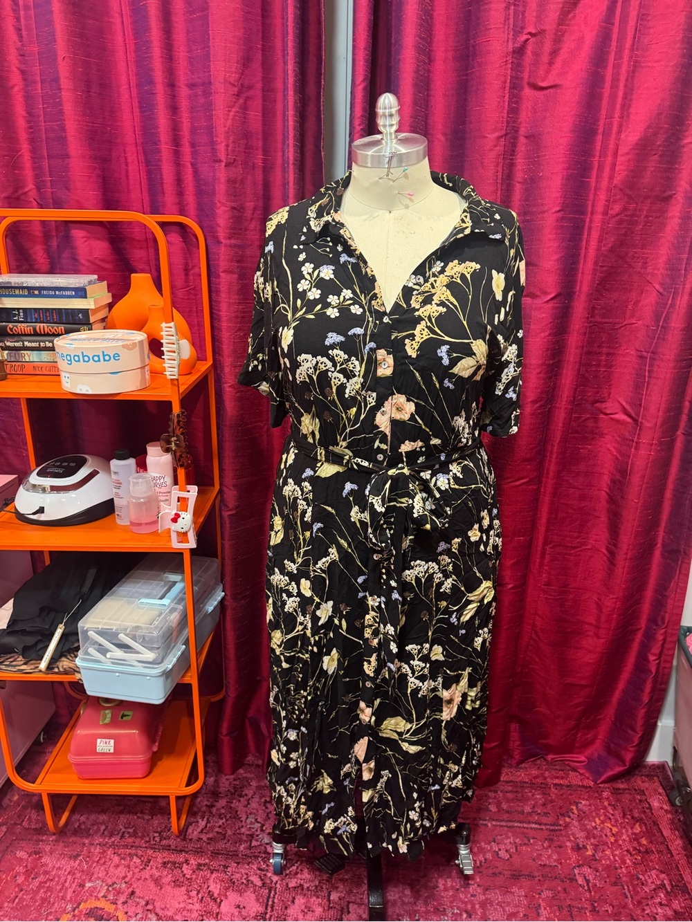 H&M Black Floral Button-Front Midi Dress with Tie Waist